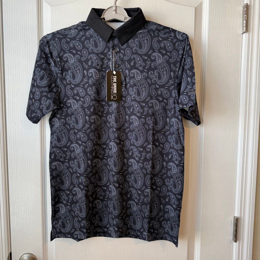 Men's THE DRIVE CLOTHING Black White Paisley Skull Polo M